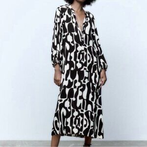 ZARA BLACK WHITE ABSTRACT PRINT HENLEY NECKLINE SHIFT DRESS WOMENS MEDIUM